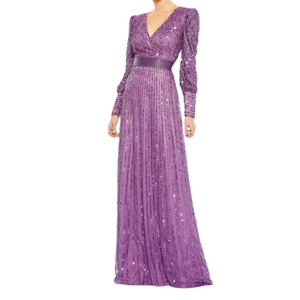 Mac Duggal Purple Sequined Wrap Over Bishop Sleeve Gown 5720 Women’s Sz 20